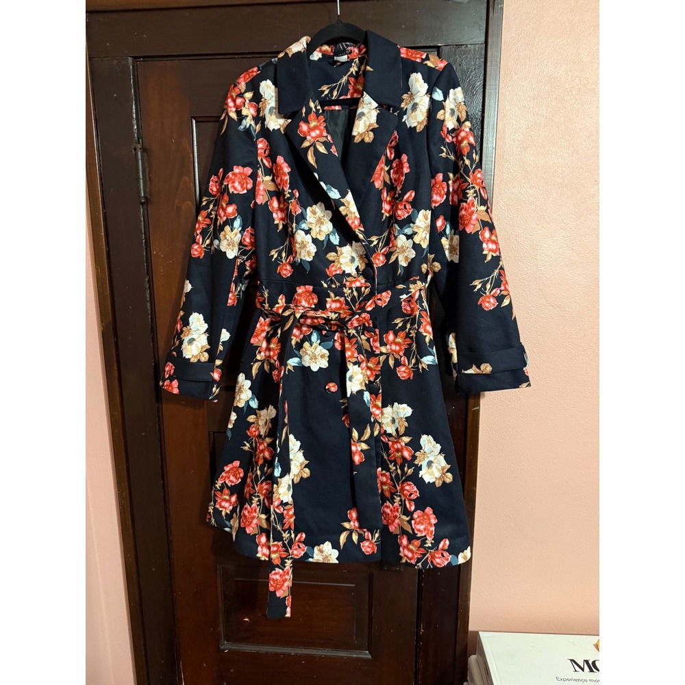 Venus Floral Trench Coat Navy Blue Red Double Breasted Belted Pea Coat Size 12